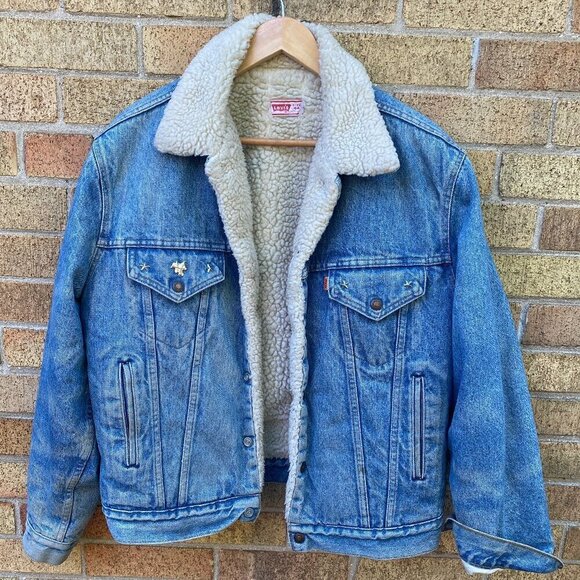 Vintage 1971 Orange Tab Levis Sherpa Denim Jacket Size 44 Large Blue - Picture 2 of 16